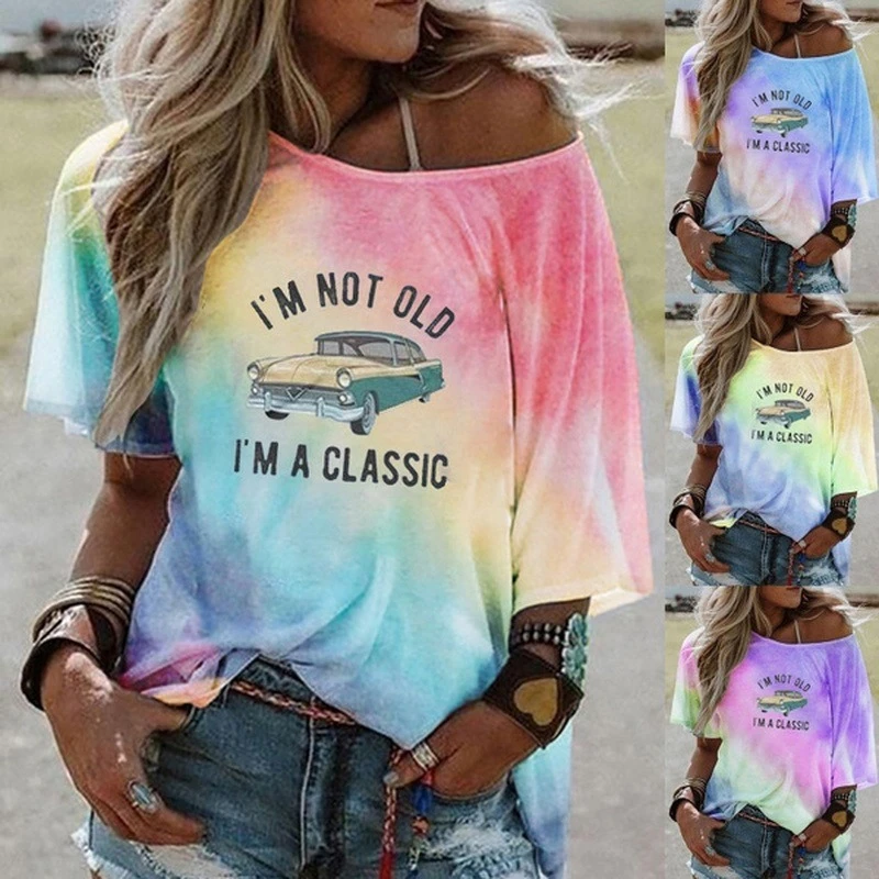 Summer Tshirts Women Tie Dye Off Shoulder Top Ladies Casual Letter Print Half Sleeve Shirts Harajuku Fashion Graphic Tshirt Tops