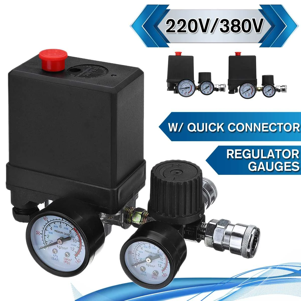 Air Compressor Pump Pressure Control Switch 4 Port 220V/380V Manifold Relief Regulator 30-120PSI Control Valve with Gauge