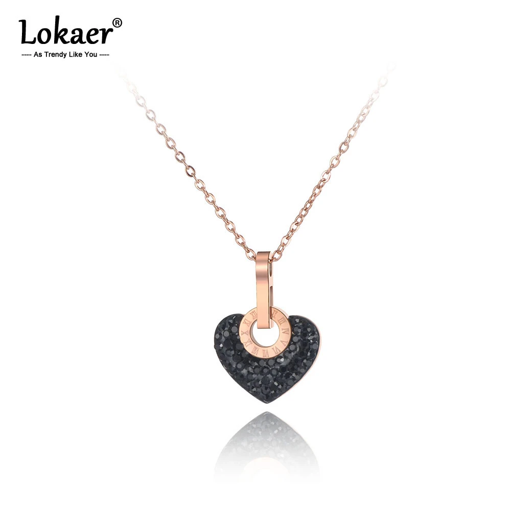 Lokaer Trendy Stainless Steel White/Black Clay Rhinestone Heart Necklace Jewelry Lovely Pendant Chain Necklace For Women N19112