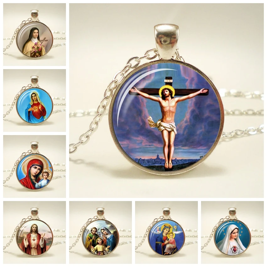 Virgin Mary Mother of Baby Glass Pendant Jesus Christ Christian Jewelry Jesus Oil Painting Necklace Gift for Men Women