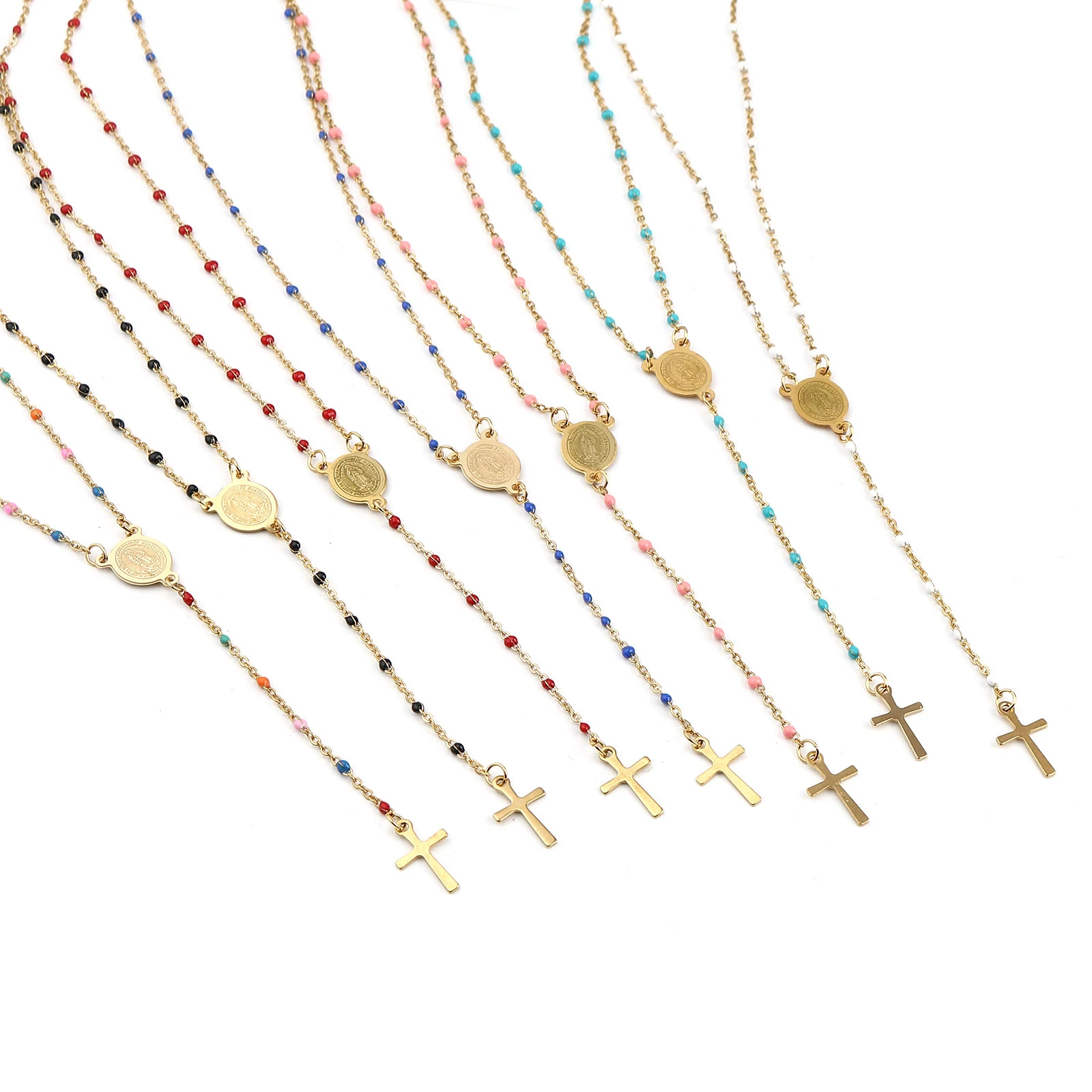 Religious Link Cable Chain Necklace for Women Stainless Steel Cross Virgin Mary Enamel Necklace Jewelry 49cm(19 2/8