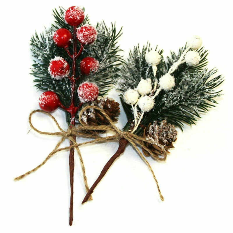 5pcs Artificial Flower Fake Snow Frost Pine Branch Cone Berry Holly Diy Xmas Tree Ornament Home Christmas Decor Supplies Gift