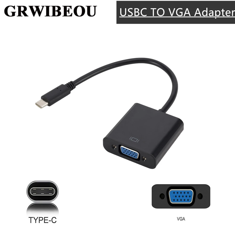 Grwibeou Type C to Female VGA Adapter Cable USBC USB3.1 to VGA Adapter for Macbook 12 inch Chromebook Pixel Lumia 950XL Hot Sale