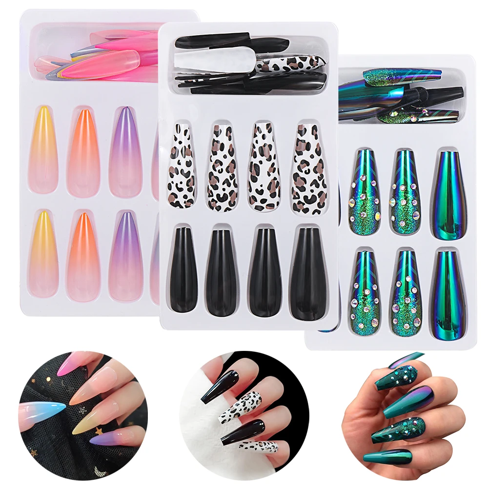 24PCS Fashion Colorful False Nails Long Detachable French Fake Nail Ballet Coffin Nail Tips Rhinestones Press on Nail Art Tool