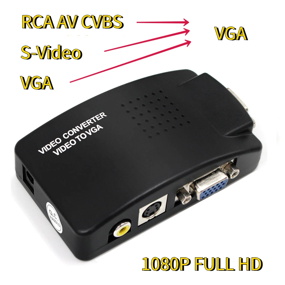 AV to VGA Adapter RCA VGA Converter PC Laptop Video TV RCA Composite S-Video AV In To PC VGA LCD Out Converter Switch Box Black