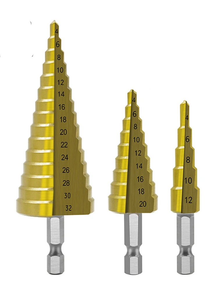 3Pcs/lot HSS Steel Large Step Cone Titanium Coated Metal Drill Bit Cut Tool Set Hole Cutter 4-12mm 4-20mm 4-32mm