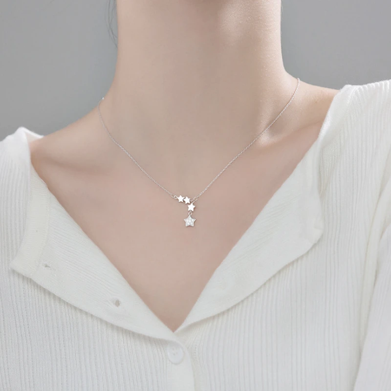 925 Sterling Silver Star Tassel Necklace Glitter Zircon Five-pointed Star Pendant Female Simple Clavicle Chain High Jewelry Gift