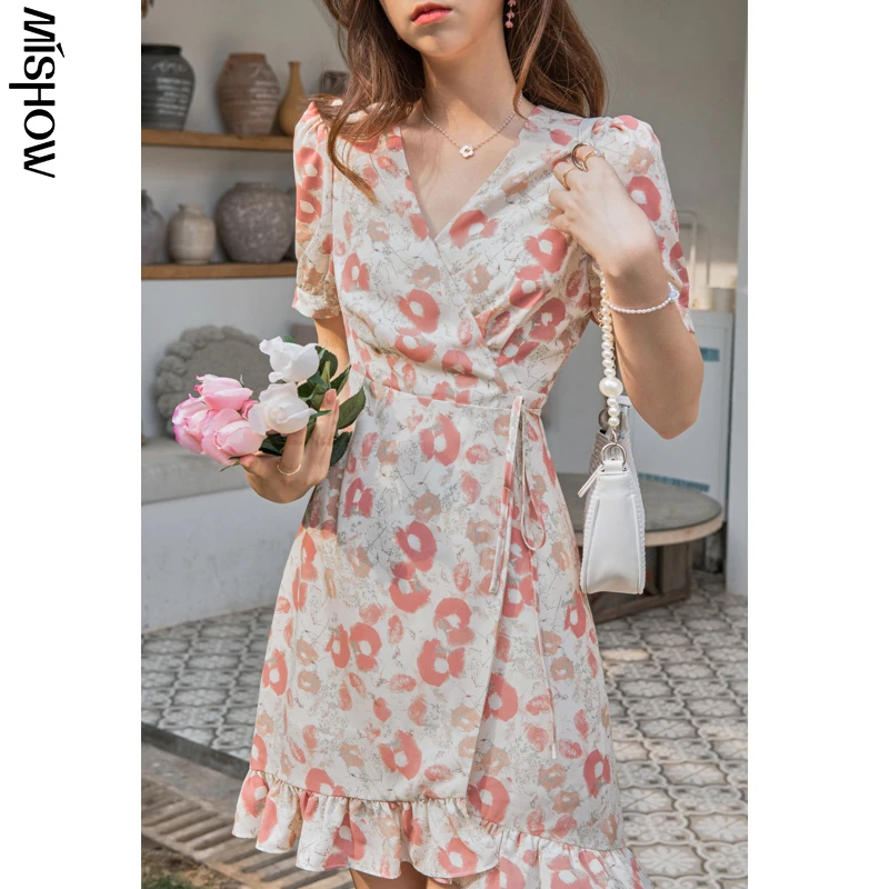 MISHOW Dresses For Women Floral Printed Short Sleeve V-Neck Clothing  Summer beach midi Dress Female boho Vestidos MXA22L0057