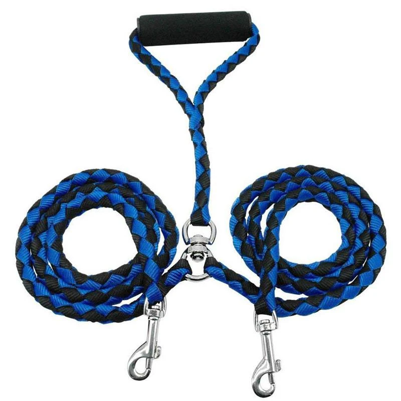 2 Way Braided Nylon Dual Dog Leash Double Lead Rope Durable Walking Strong Leashes For 2 Dogs With Soft Padded Handle