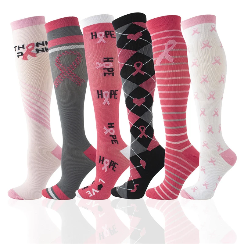 New Colorful Mild Compression Socks Aids Logo Fashion Trend ribbon In Tube Sock Happy Funny Nursing Compression Socks Pink Socks