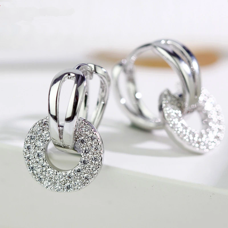Cute Female Small Crystal Clip Crystal Small Zircon Stone Earrings For Women Boho Rose Gold Double Earrings