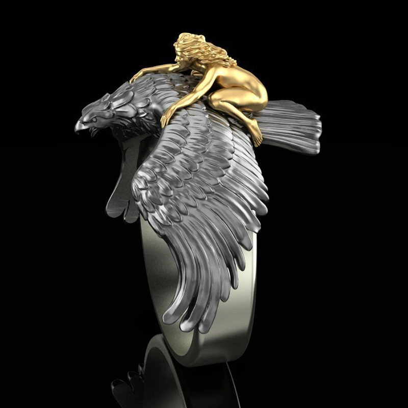 FDLK   Vintage Metal Two-tone Silver Color Flying Eagle Finger Rings Punk Jewelry Gold Color Naked Girl Fashion Rings Hip Hop