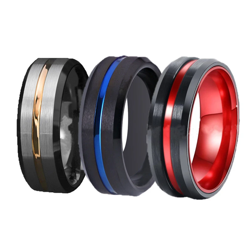 FDLK    3 Styles Classic Wedding Rings For Men's Stainless Steel Ring Black Steel with Red Blue Aluminum Engagement Ring