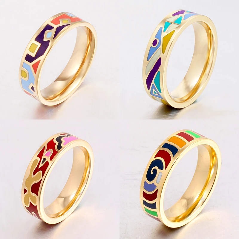 Good Quality Gilded Stainless Steel Ring for Women Vintage Face Width 0.6mm Costume Enamel Jewelry Wholesale 20 Style