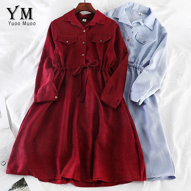 YuooMuoo Vintage Pockets Design Women Shirt Dress 2021 Autumn Winter Drawstring A Line Midi Dress Elegant Ladies Office Dresses