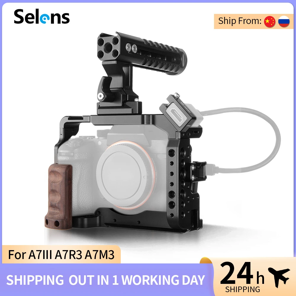 Selens a7iii a7r3 a7m3 Camera Cage Rig For A7III A7R3 A7M3 Cold Shoe Mount with Aluminum Top Handle Grip Pearwood handle