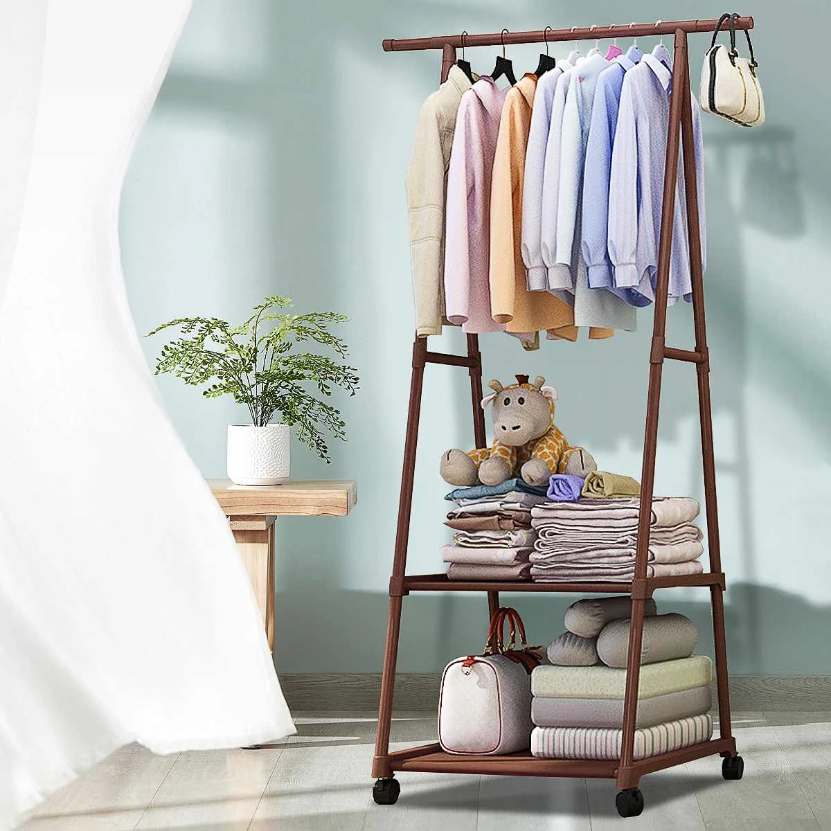 Removable Metal Coat Rack Floor Shelf Stand with Wheels Multifunction Storage Rack Organizer Garment Clothes Holder Shelves