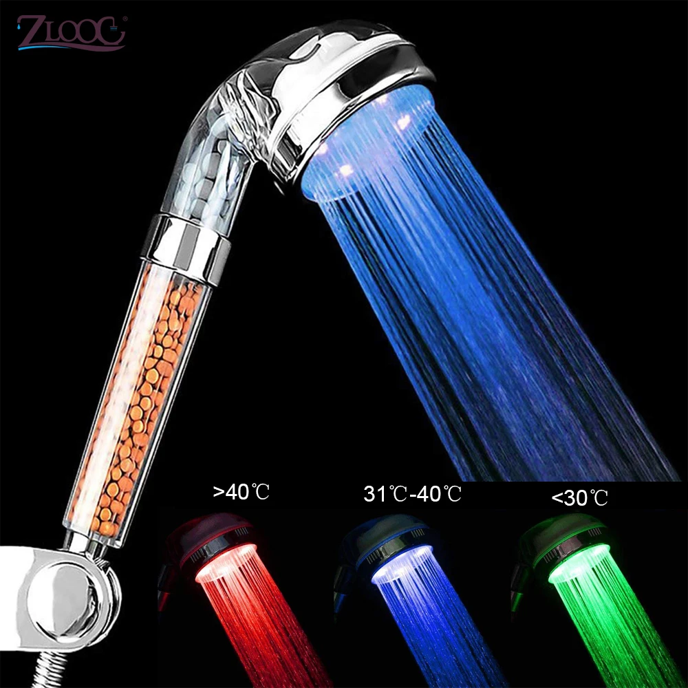 Zloog Bathroom Hot 3/7 Color Changing LED Shower Head Temperature Control High Pressure Hand Anion Filter Spa Shower Head
