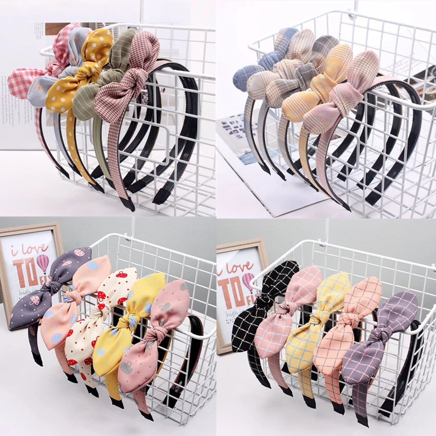 2021 New Plaid Print Bunny Ears Bow Hairband Headband Scrunchie Women Girls Children Hair Head Hoop Bands Accessories Headdress