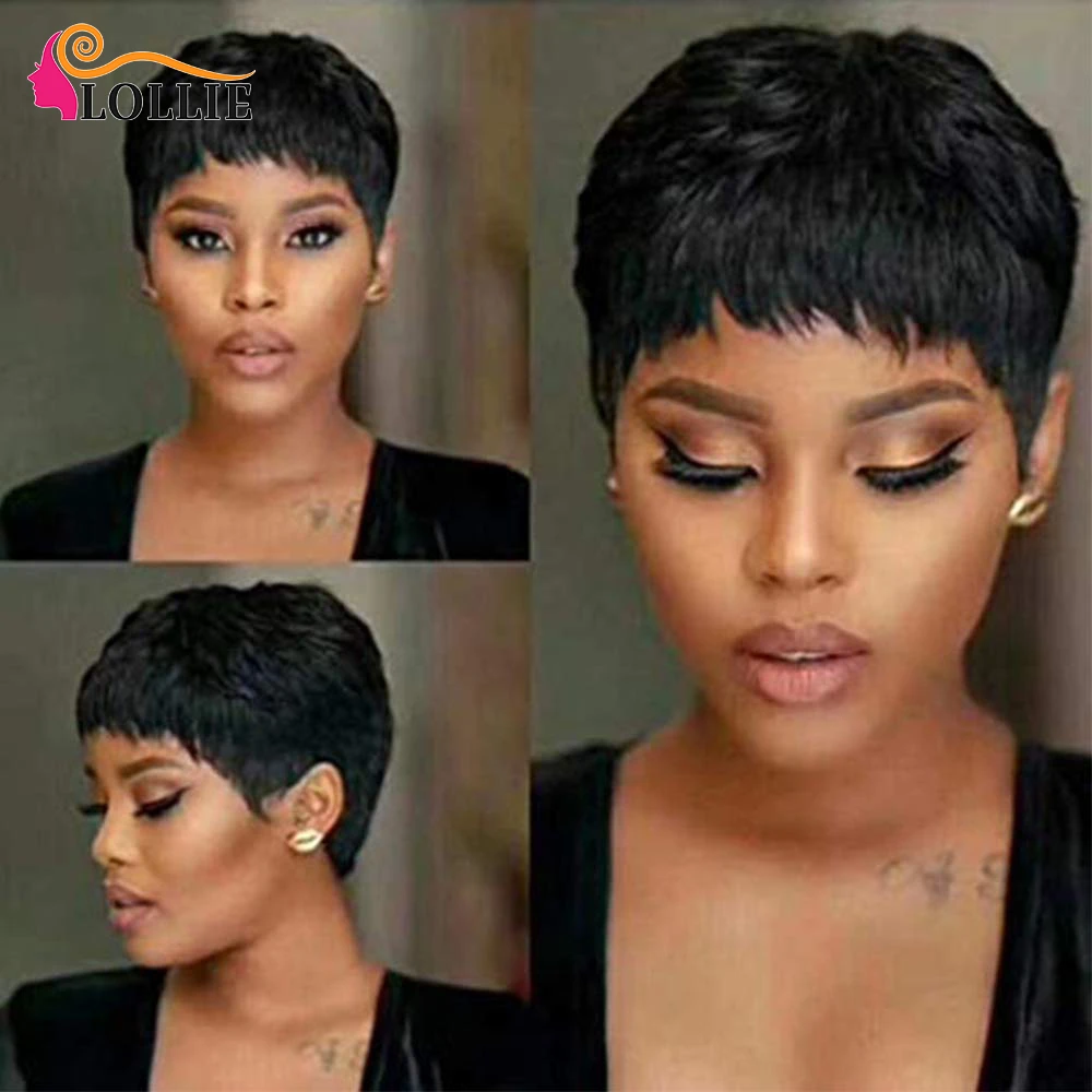 Pixie Cut Human Hair Wigs For Black Women Short Human Hair Wig With Bangs Brown Cheap Human Hair Wigs With Free shipping