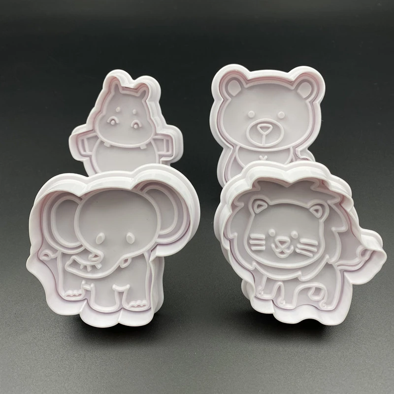 4Pcs/Set Animal Series Plastic Biscuit Spring Mold Elephant Lion Bear Plunger Paste Sugar Craft Die Baking Tools