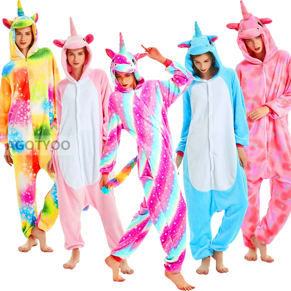 2020 Winter Women Men Unisex Adult Cartoon Onesies Animal Pajamas Unicornio Unicorn Flannel Nightie Sleepwear Onepiece Jumpsuits