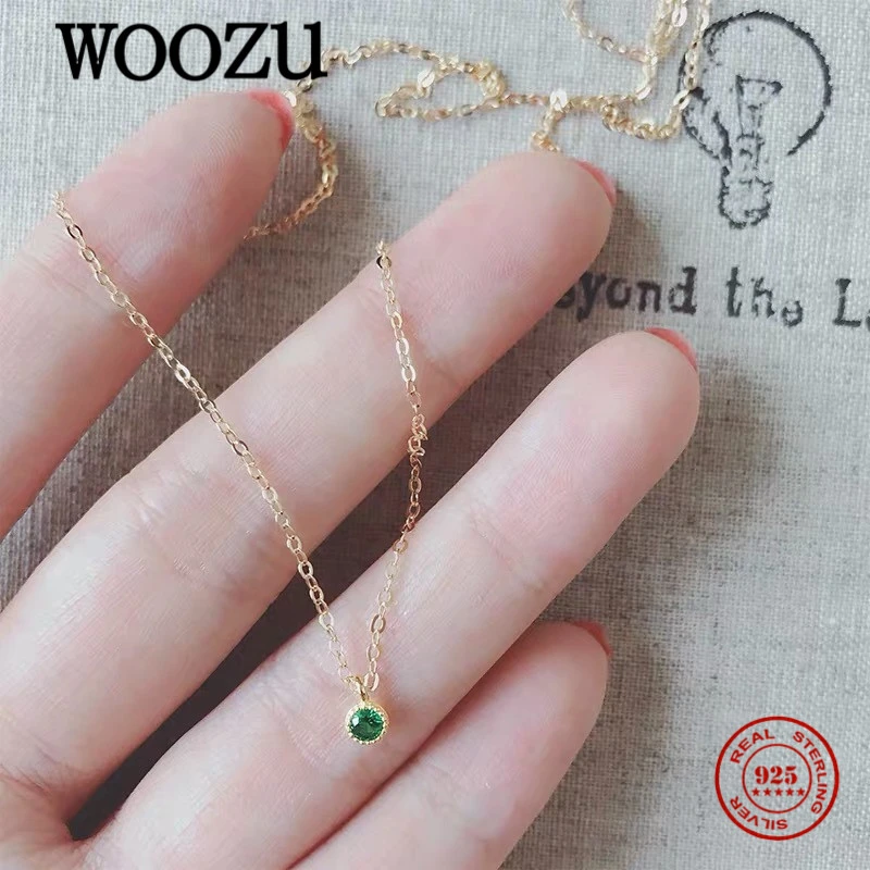 WOOZU Genuine 925 Sterling Silver Round Green Zircon Link Chain Clavicle Charming Necklace for Women Minimalist Party Jewelry