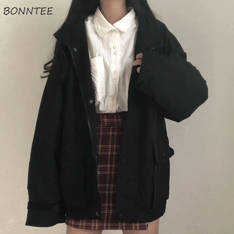 Basic Jackets Women Chic All-match Retro Solid Zipper Design Ulzzang Lovely Fashion Teens Overcoats Daily Vintage Womens Outwear