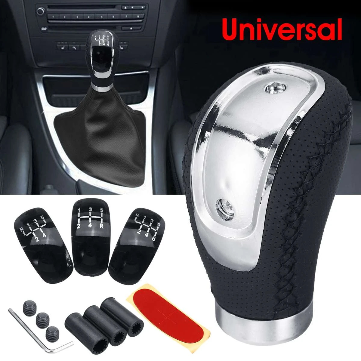 Universal Car PU Leather Gear Shift Knob Manual Transmission with Gear Knob Cap Cover 5/6 Speed Shifter Lever