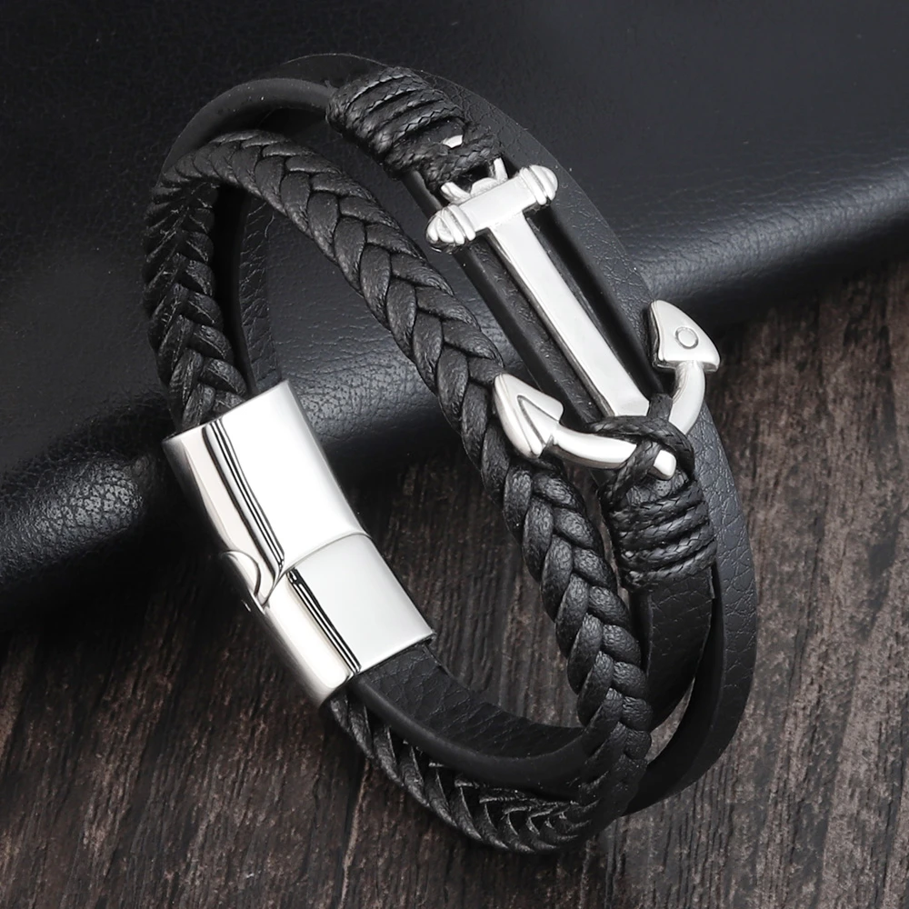 Punk Stainless Steel Anchor Bracelets Genuine Leather Bracelet & Bangles for Men Jewelry Black Color Fashion Gift