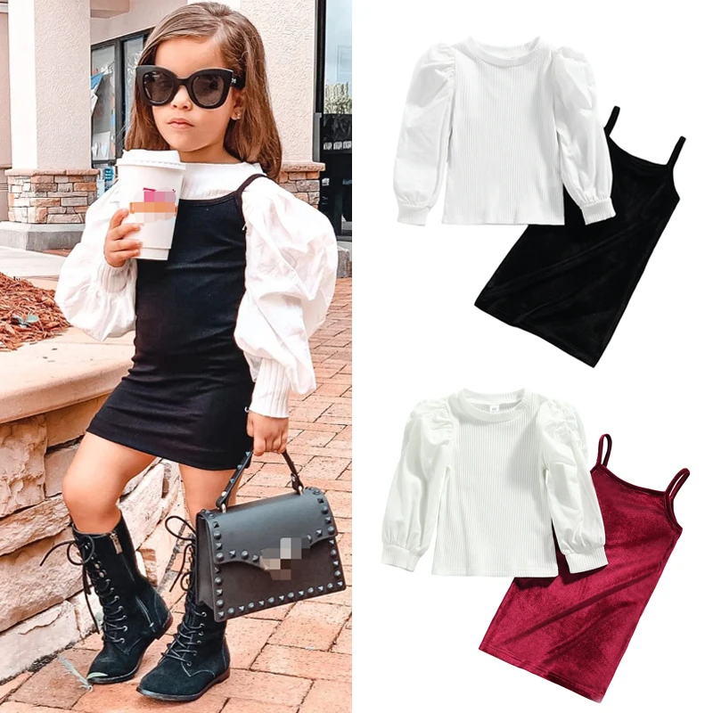 FOCUSNORM 1-6Y Autumn Fashion Kids Girls 2pcs Clothes Sets Solid Long Puff Sleeve Knit T Shirts+Velvet Straight Suspender Dress