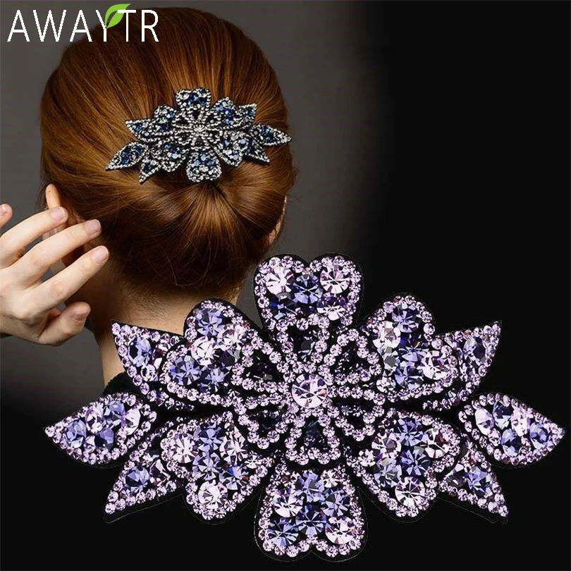 AWAYTR Crystal Flower Barrettes Hair Clips for Women Vintage Rhinestone Hairpins Headwear Girls Hair Accessories Jewelry Clips