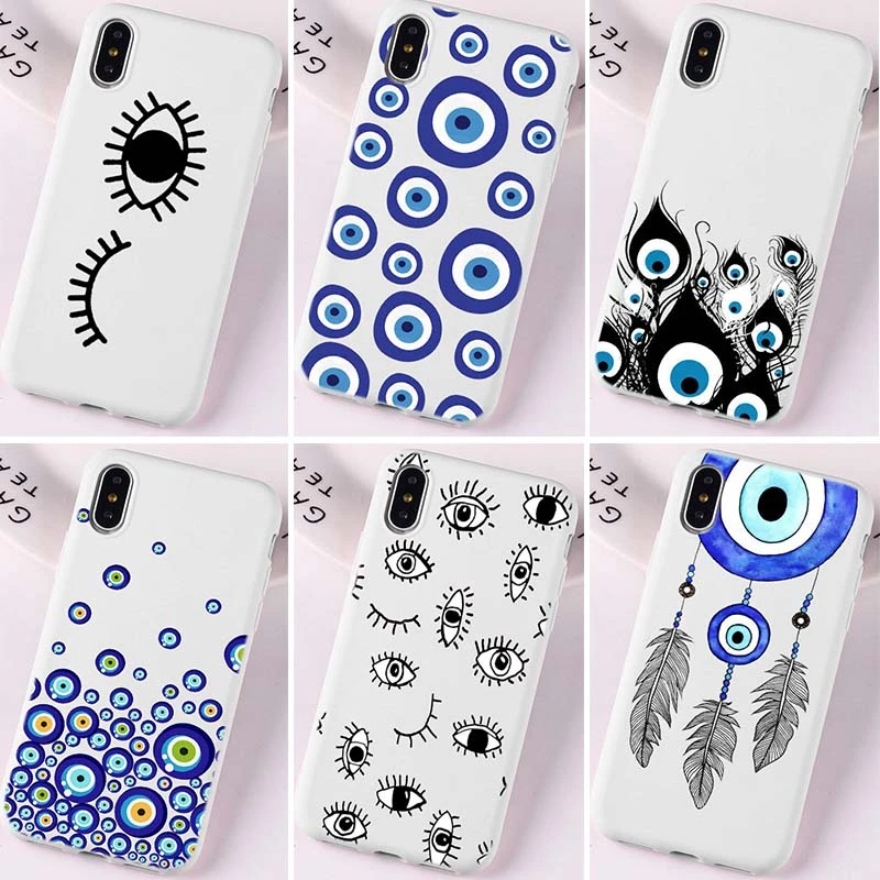 Turkish lucky Blue Evil Eye Abstract Print Art Off White Color Phone Case For iPhone 8 76SPlus XS 11 12 Mini pro MAX XR Cover