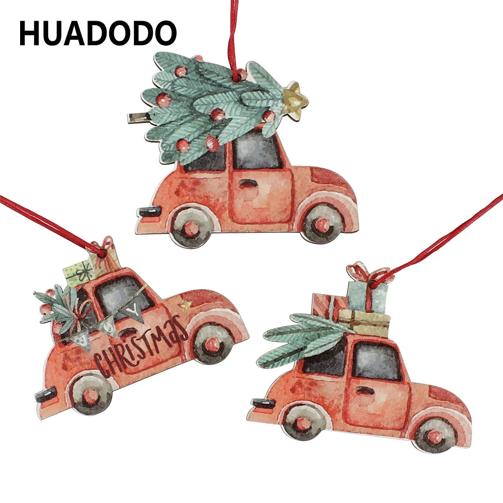 HUADODO 3Pcs Vintage Christmas Truck with tree Ornaments Wooden Christmas decoration for Xmas tree Ornament Party Kids gift