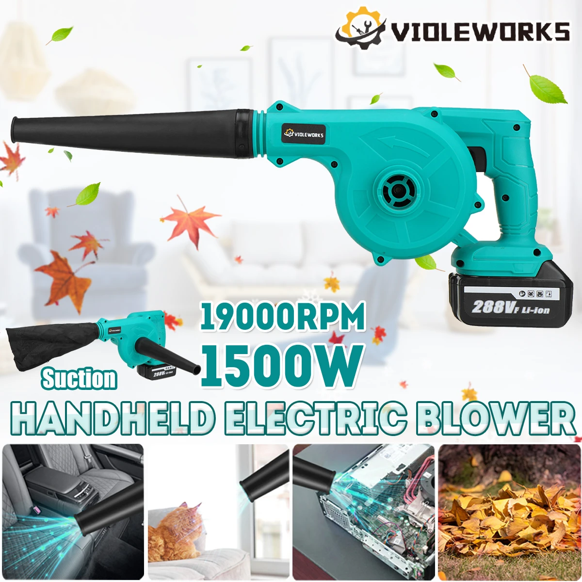2 In 1 Cordless Air Blower 288V 1500W 19000R/Min Electric Suction & Blowing Leaf Dust Collector Cleaner For Makita 18V Battery