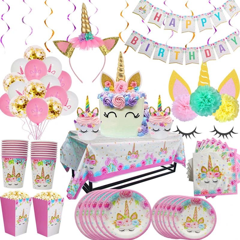 Rainbow Unicorn Birthday Party Tableware Set plates Cup Kids Favor Unicorni led light wedding Baby Shower Party Decorations