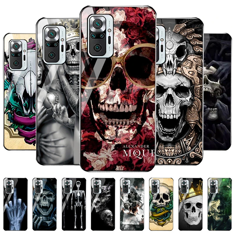 Tempered Glass Case For Xiaomi Redmi Note 10 Pro Case Xiaomi Mi 10T Pro 11T Note10 11 11Pro 10S Lite Skeleton Skull Phone Covers