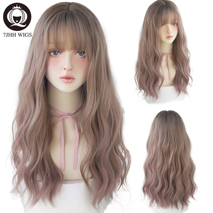 7JHH WIGS Harajuku Pink Brown Lolita Wig Long Two Colors Realistic Cosplay Wigs With Bangs For Women Wavy Wigs Synthetic Hair