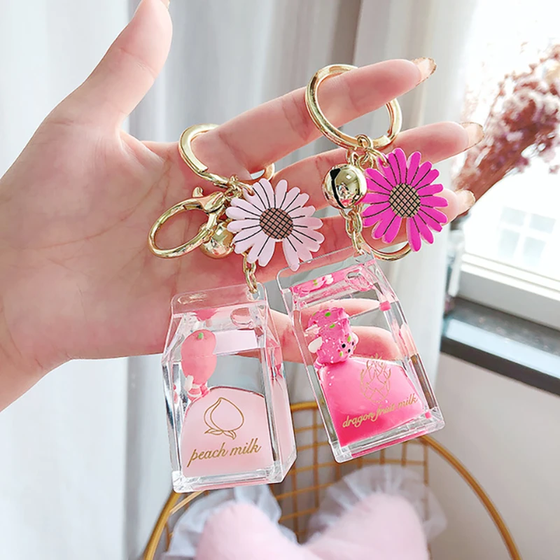 Cartoon Fruit Daisy Keychain Acrylic Moving Liquid Quicksand Drift Bottle Keyring for Women Couple Bag Charm Key Chains