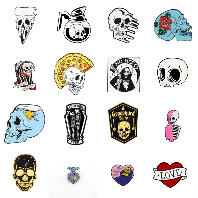 Cartoon Fun Pizza Hairstyle Skull Enamel Pins Punk Skeleton Button Badges Fashion Jewelry for Friends Backpack Shirt Accessories