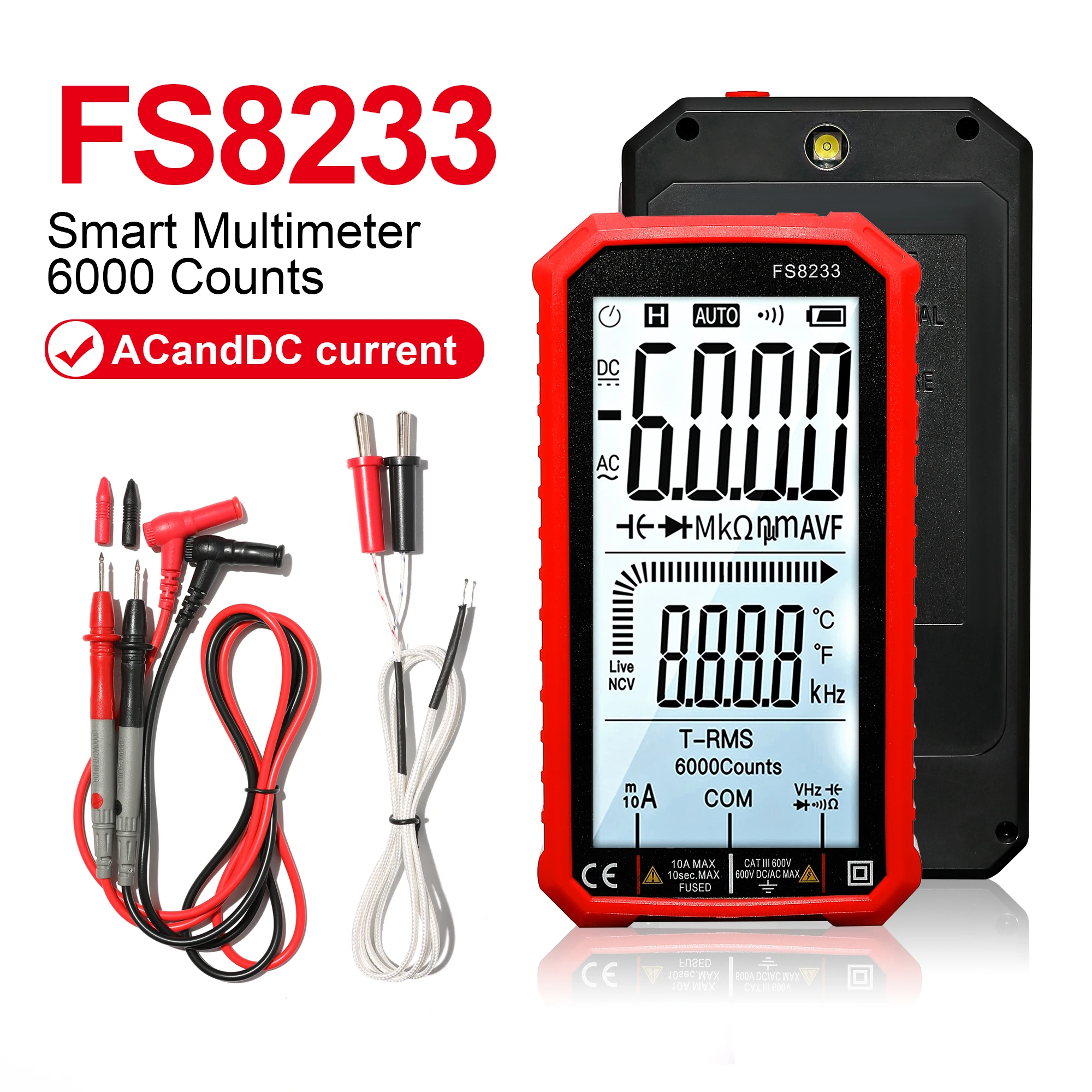FS8233 Tester, Ohm Hertz Capacitance Multimeter, 1 pair of 1000V10A/20A test leads, suitable for general digital test leads