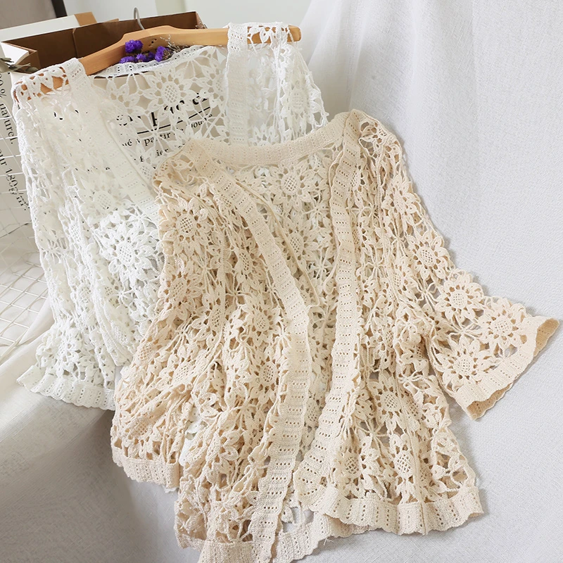 Kimono Cardigan Beach White Summer Cardigan Women Hollow Out Cardigans Crochet Top Summer Shirt 2020 Korean Shirts Lace Blouse