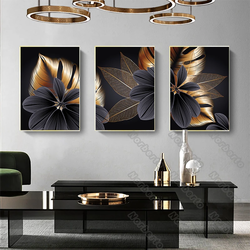 European Style Canvas Black Golden Plant Leaves Painting Poster And Print For Modern Living Rooms Bedroom Wall Decoration