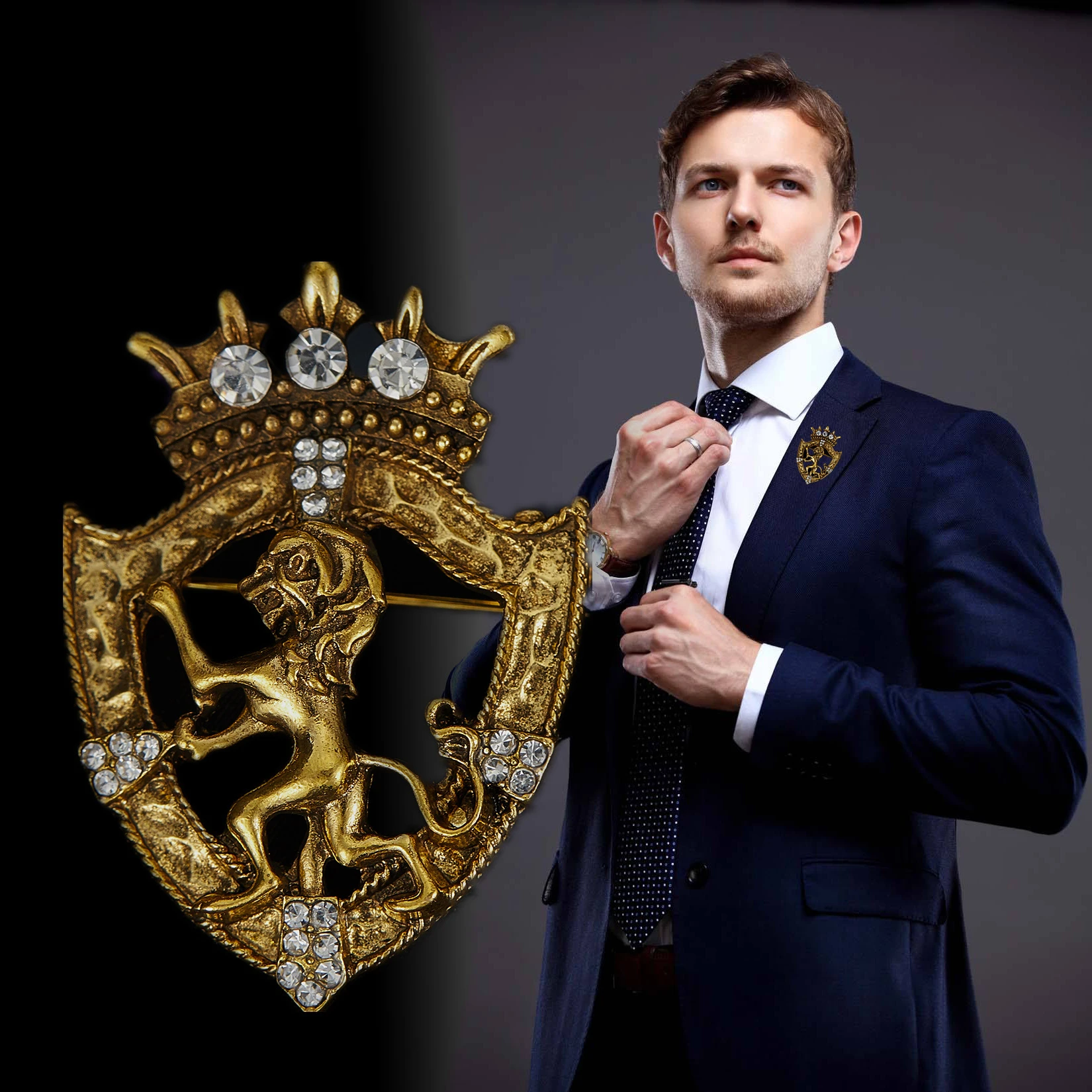 Retro Lion Shield Crown Animal Brooches Fashion Men's Suit Shirt Collar Needle Badge Lapel Pins Jewelry Men Clothing Accessories