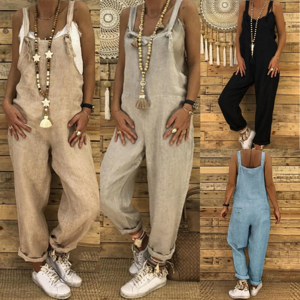 Women Strap Loose Jumpsuit Summer Casual Solid Sleeveless Long Bib Overalls 2021 Ladies Plus Size Vintage Linen Jumpsuits