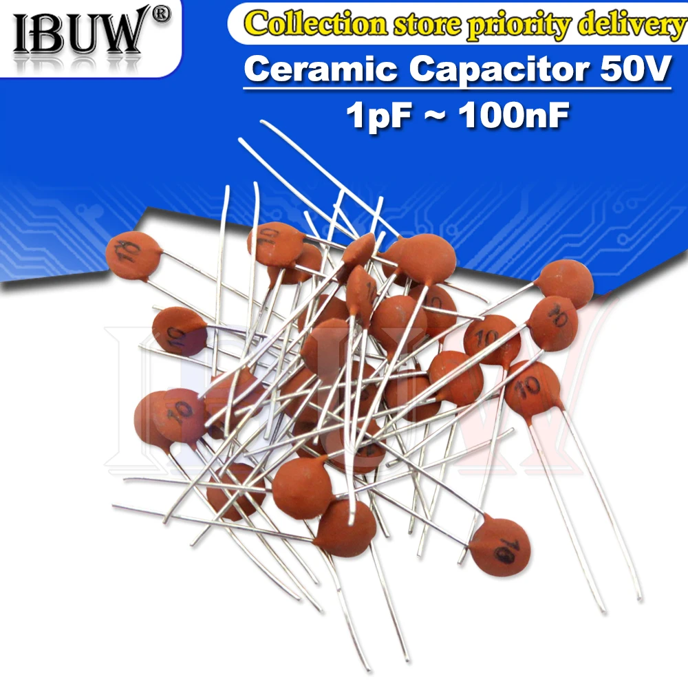 100pcs Ceramic capacitor 50V 1pF ~ 100nF 0.1uF 104 4.7PF 10PF 22PF 33PF 47PF 100PF 101 220PF 10NF 330PF 470PF 1NF 103 47NF 473