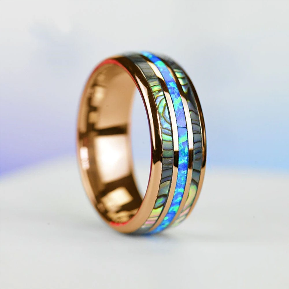 8mm Rose Gold Color Tungsten Carbide Ring Stainless Steel Abalone Shell Simple Charms Rings Wedding Engagement Bands Jewelry