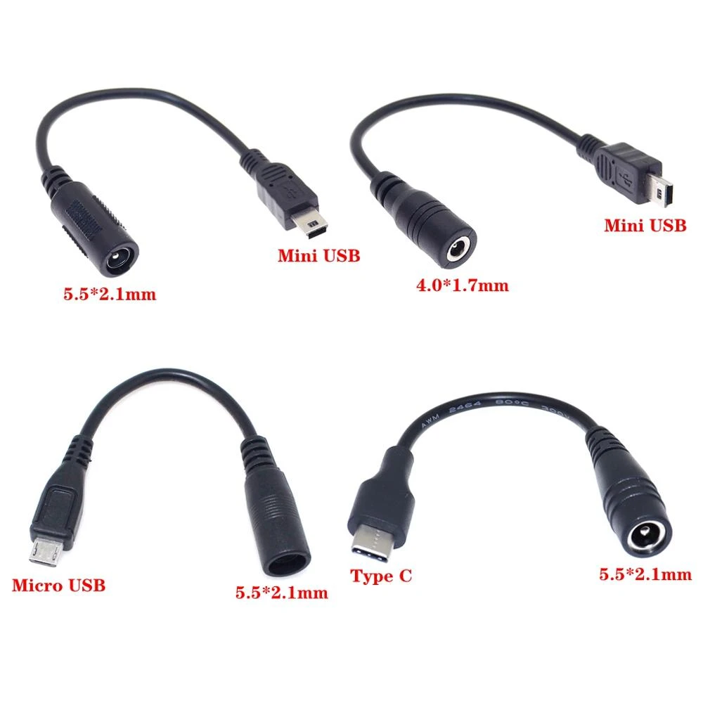 5.5*2.1mm 4.0*1.7mm DC Power Plug Waterproof Jacket Female To Micro USB / Mini USB / Type C Male Adapter Cable