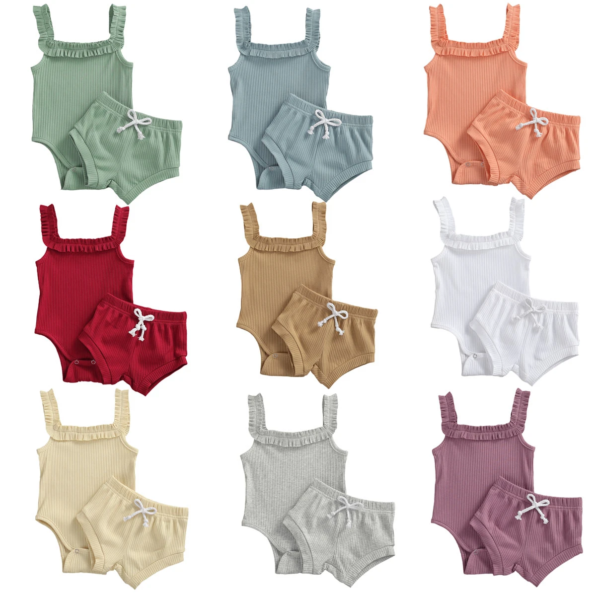 2020 Baby Summer Clothing Casual Baby Girls Solid Color Clothes Sleeveless Ribbed Romper + Pants 2 Pieces Summer Short Sets