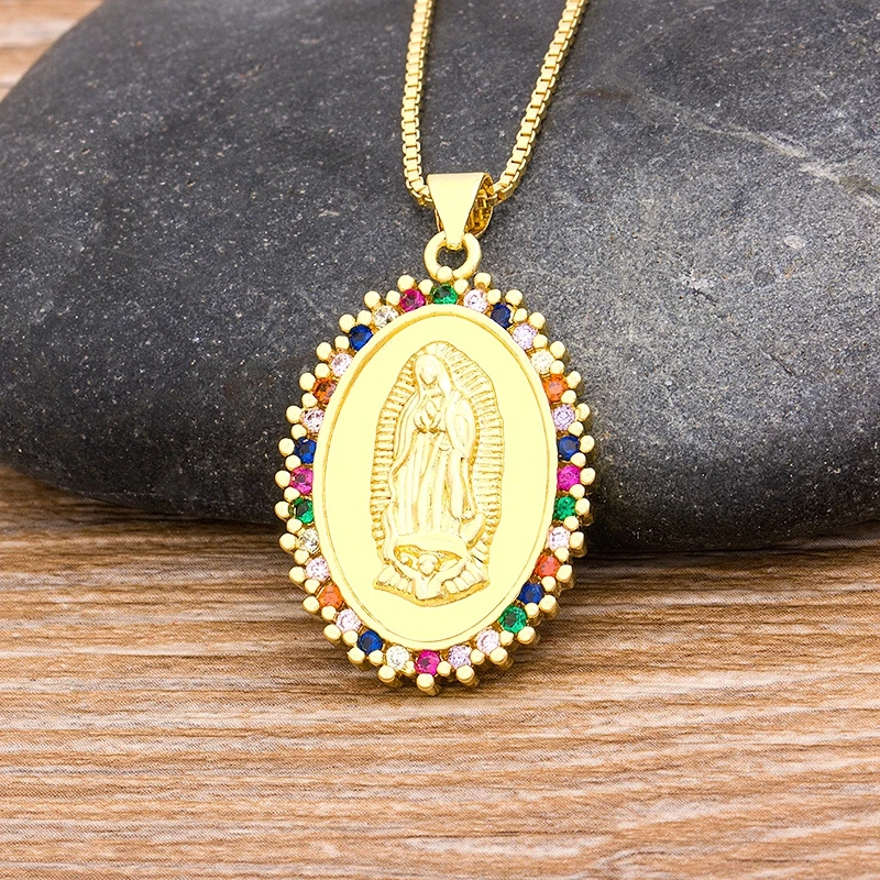 2020 Rainbow Virgin Mary Pendant Necklaces For Women Gold Crystal Our Lady of Guadalupe Necklaces Copper Cubic Zircon Jewelry